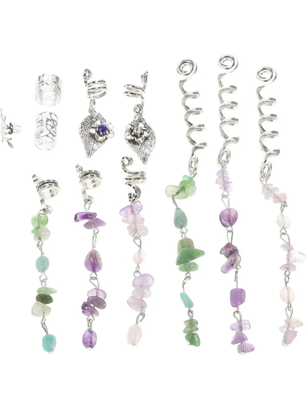 Colorful Hair Jewelry for Braids & Dreadlocks - 11Pcs Stone Beads & Cuffs Set